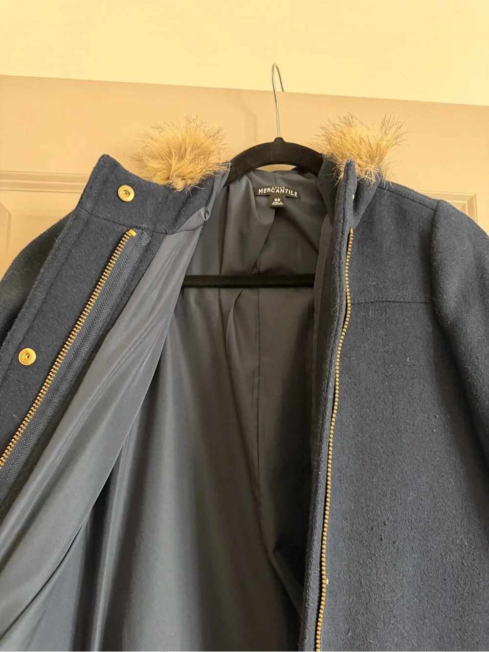 J. Crew Navy Wool-Blend Pea Coat with Faux Fur Hood Trim